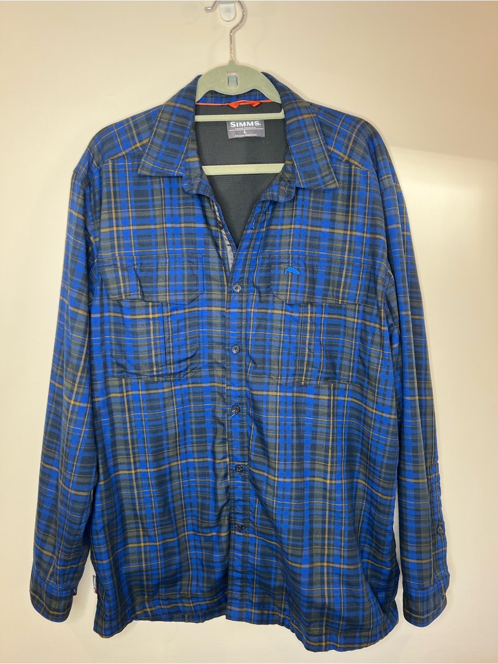 Simms Shirt Mens Large Blue Plaid Long Sleeve Lined Thermal Outdoor Fishing